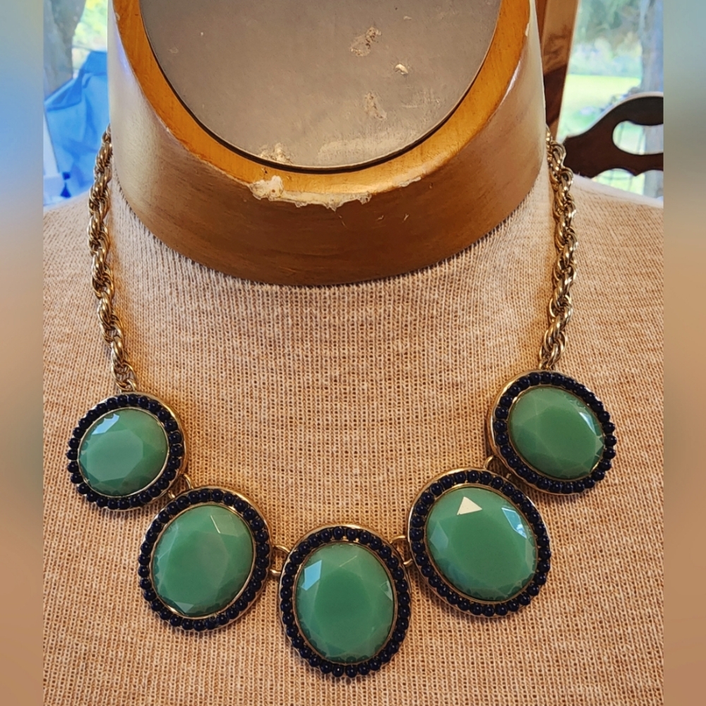 Banana Republic Gold Tone rope chain Green & Blue Rhinestone Statement Necklace